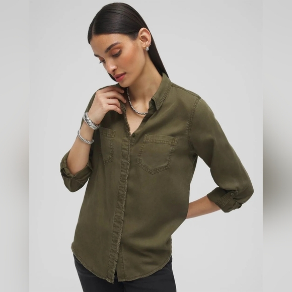 Chico's Tops - Chicos 3 Twill Fringe Hem Shirt Olive Green Sz 16 XL WT109